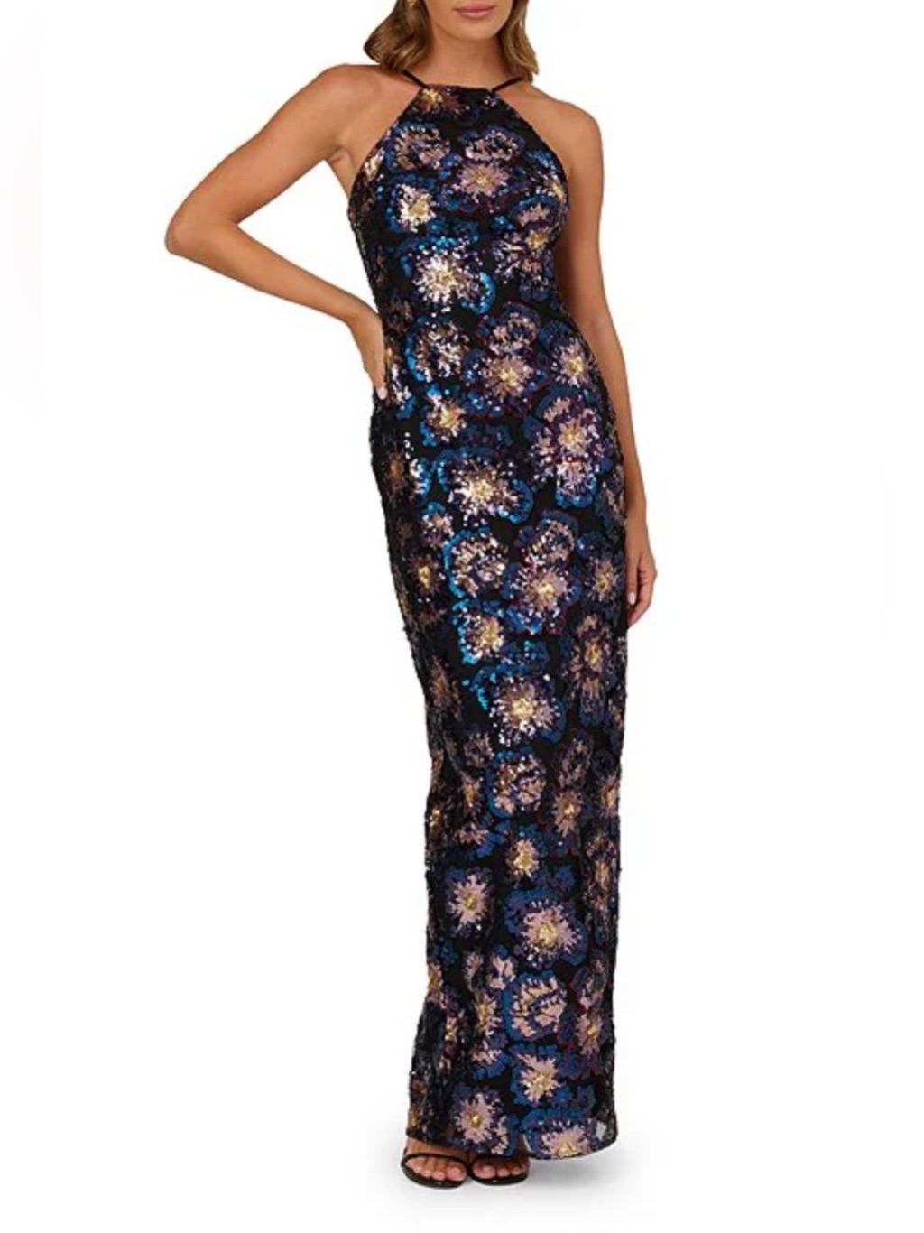 Adrianna Papell Halter Neck Abstract Floral Sequin Column Gown $370